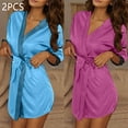 thumbnail image 2 of 2pcs Women Satin Robe Kimono Dressing Gown Lightweight Silk Long Sleeve Bathrobe with Belt and Pockets Purple+Blue Free Size, 2 of 7