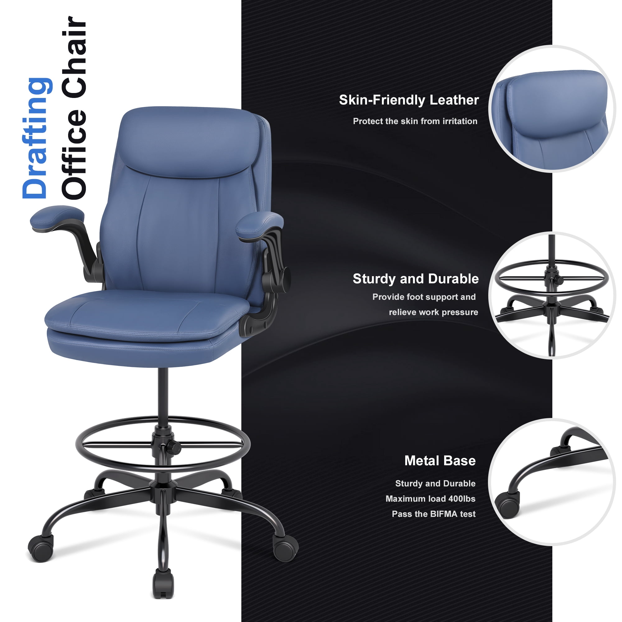 Misolant Tall Office Chair, Drafting Chair for Standing Desk, Executive Chair with Adjustable Height and Flip-up Armrest, Leather Drafting Chair, High Office Chair for Counter Height Desk