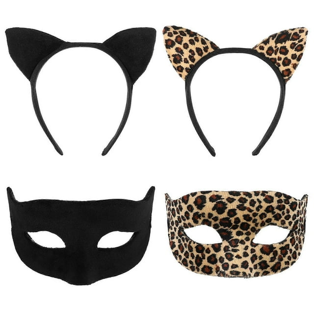 Frcolor 2pcs Cat Ear Headband 2pcs Masquerade Mask Handmade Plush Ear Headwear Hair Maid Costume Cosplay Hair Accessories (Black, Leopard Print)
