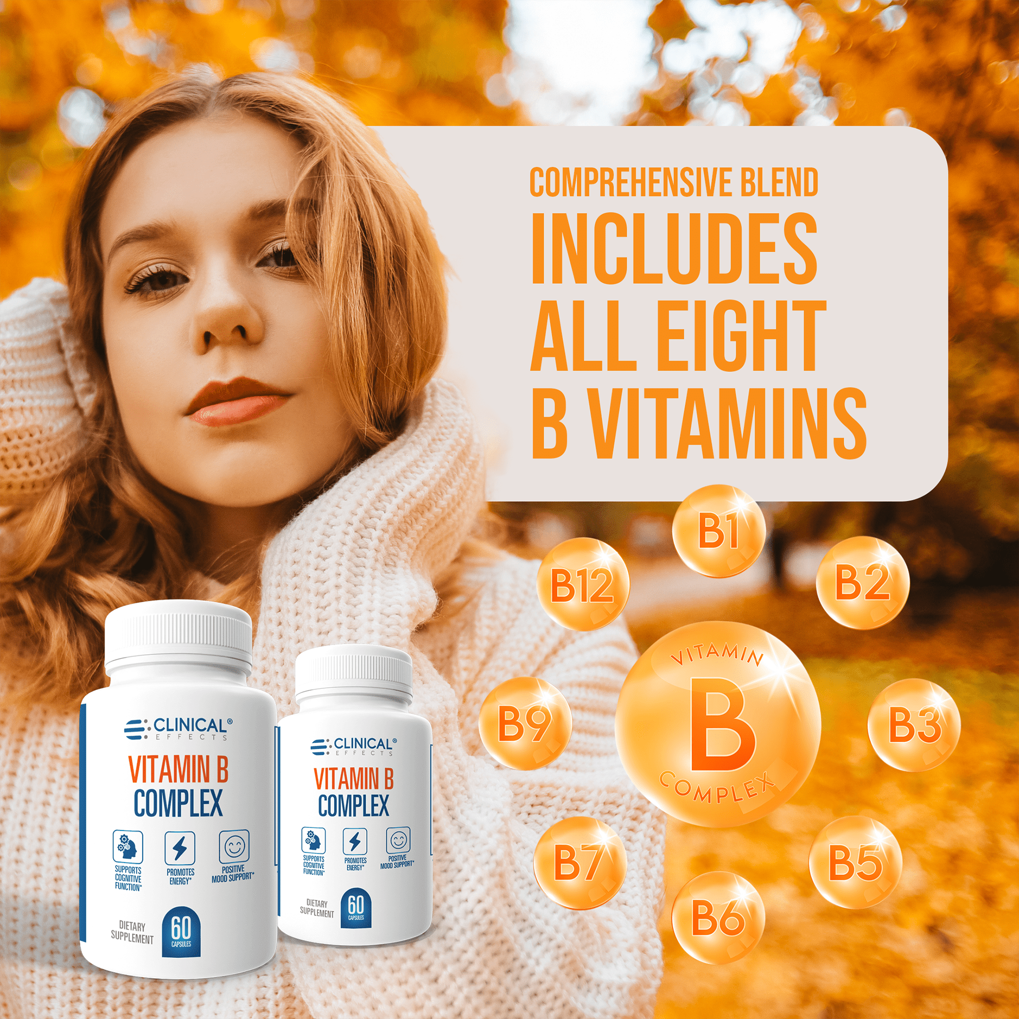 Clinical Effects Vitamin B Complex for Cognitive,  Energy and Mood Support - 60 Capsules - Made in The USA