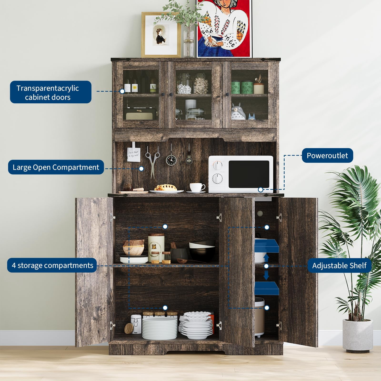 COZONY Rustic Kitchen Pantry Cabinet with Charging Station, Farmhouse Hutch Cupboard with Countertop, 8 Compartments & Adjustable Shelves for Living Room & Kitchen,Dark oak