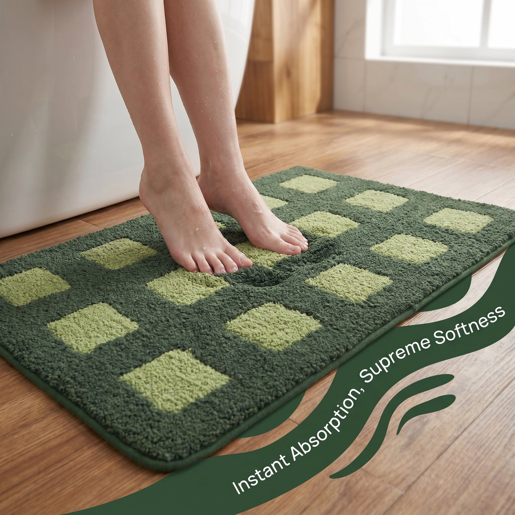 Unique Bargains Absorbent Non Slip Checkered Soft Plush Quick Dry Bath Mat Green 32" x 20"