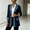 Dark Blue, variant on Women's Patchwork Jacket with Denim Contrast Trim and Ribbed Knit Body, Single-Button Casual Layering Outerwear for Teen Girls and Everyday Cool Weather Style