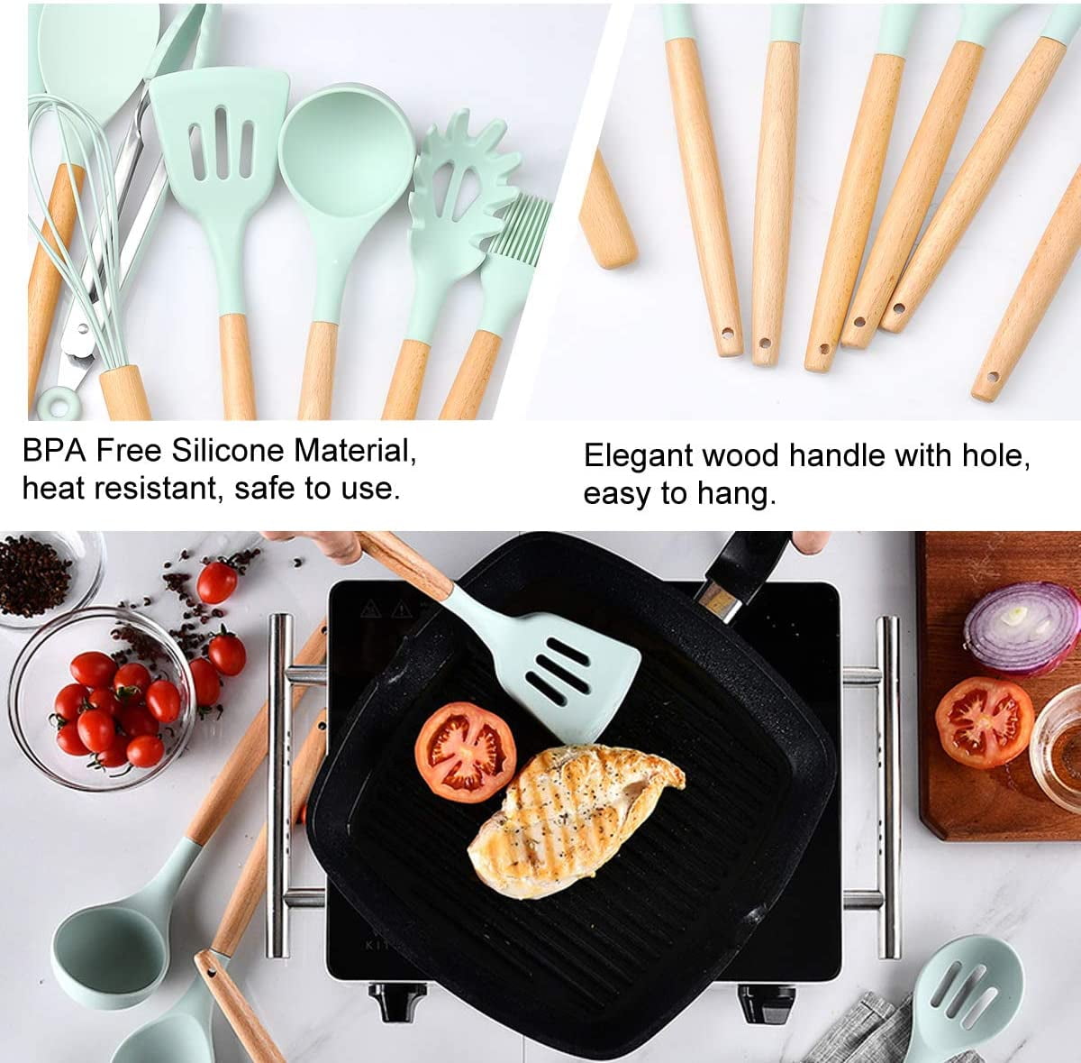 13Pcs Silicone Cooking Utensils Wooden Handle With Stainless Steel Sto –  INSETLAN