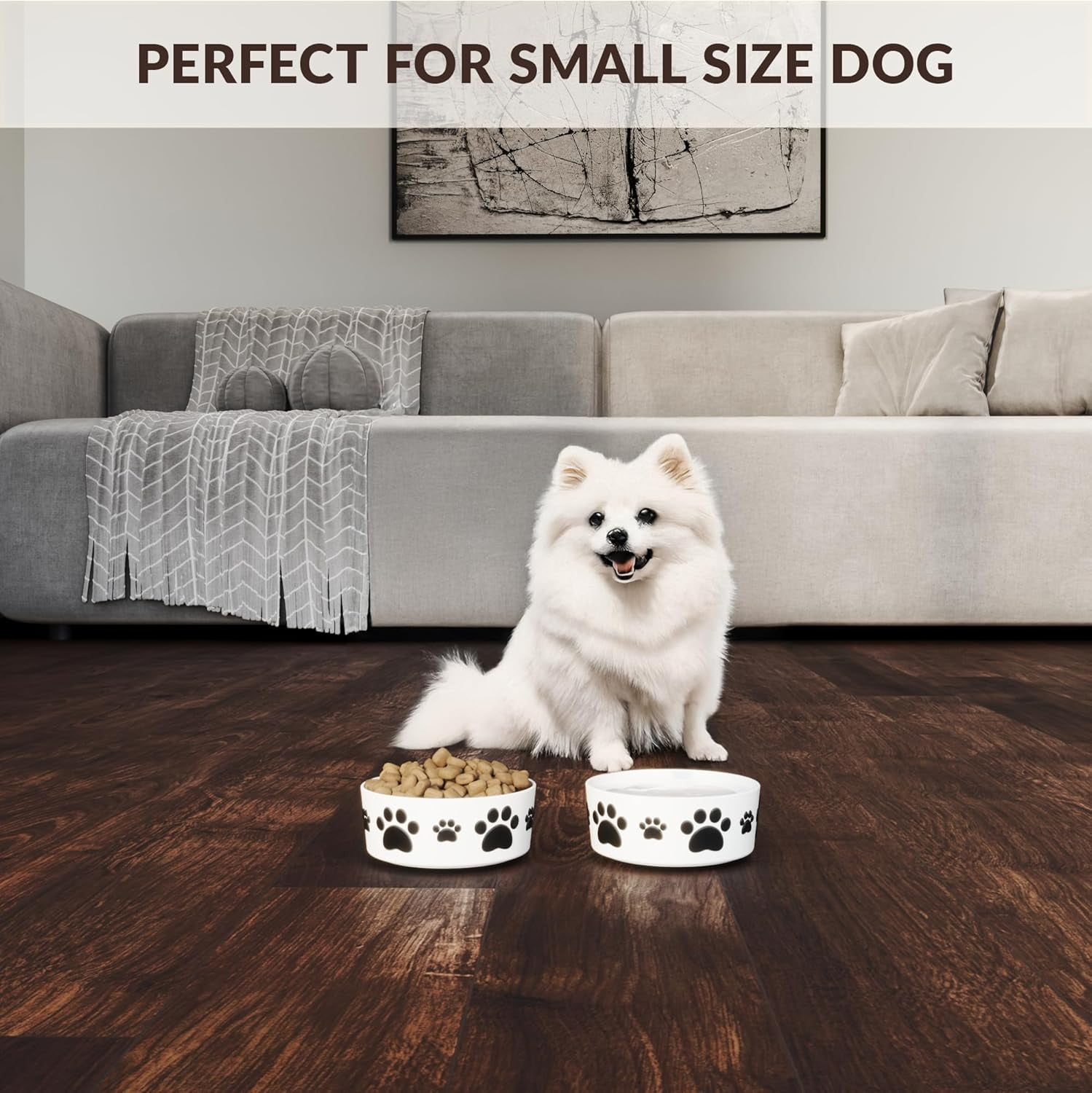 Ceramic Dog Bowls for Small Size Dog - 5'' Round × 2 Tall Dog Food Bowl & Water Bowl Set of 2 - Small Dog Bowls with Anti-Slip Rings - 2 Cups Food and Water Bowls for Dogs and Cats