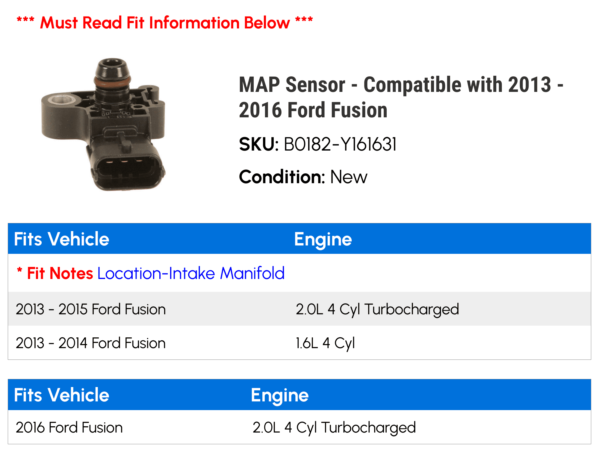 MAP Sensor - Compatible with 2013 - 2016 Ford Fusion 2014 2015