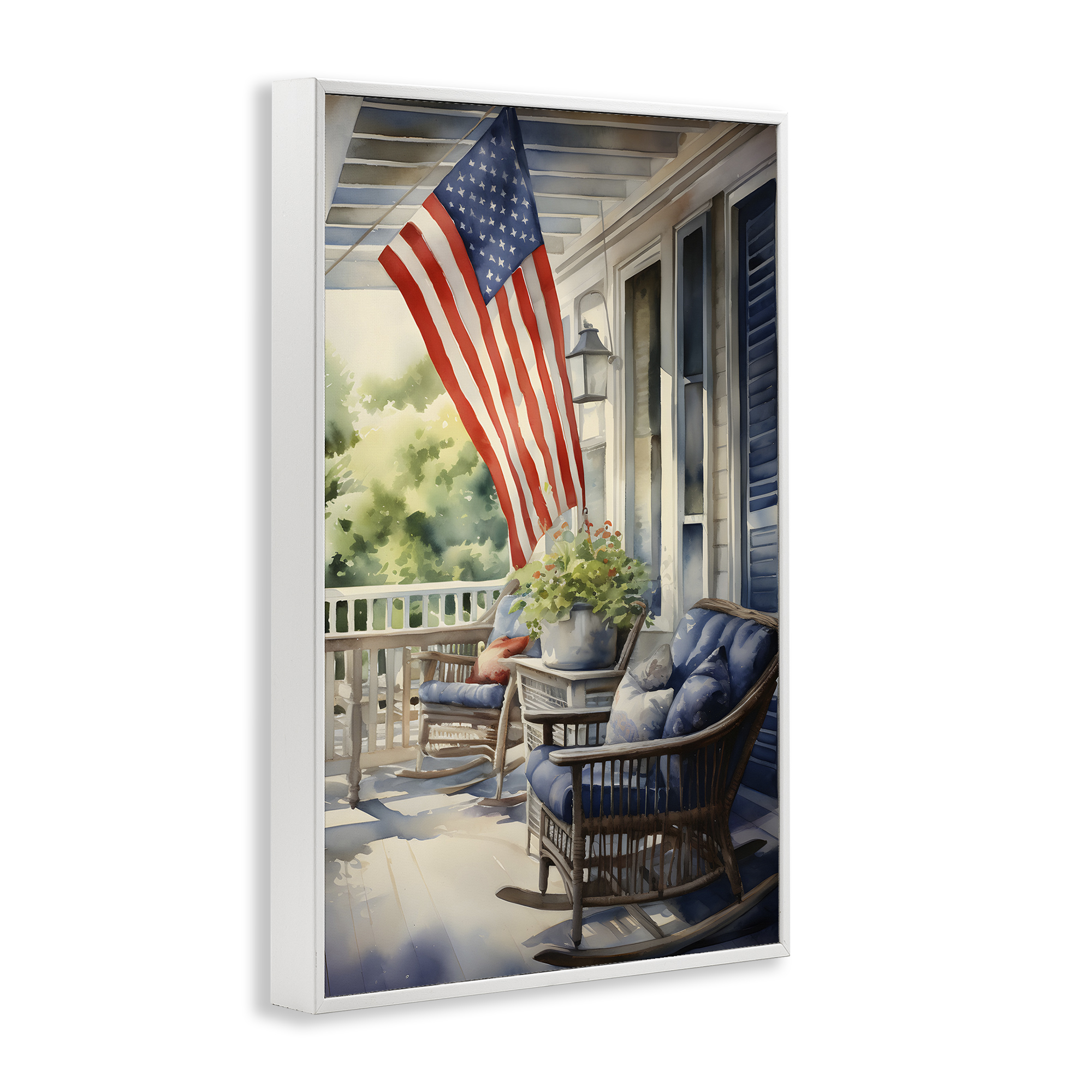 Stupell Industries Porch with American Flag Scenery Painting White Framed Art Print Wall Art, 12 x 18