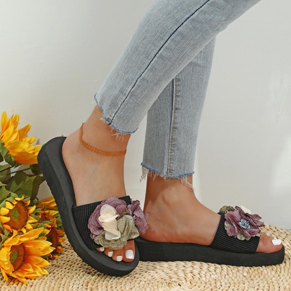 Kayannuo Summer Slippers for Women Indoor Outdoor Women's Thick Sole Mules One Line Slippers Flower Patchwork Sandals Gifts for Women