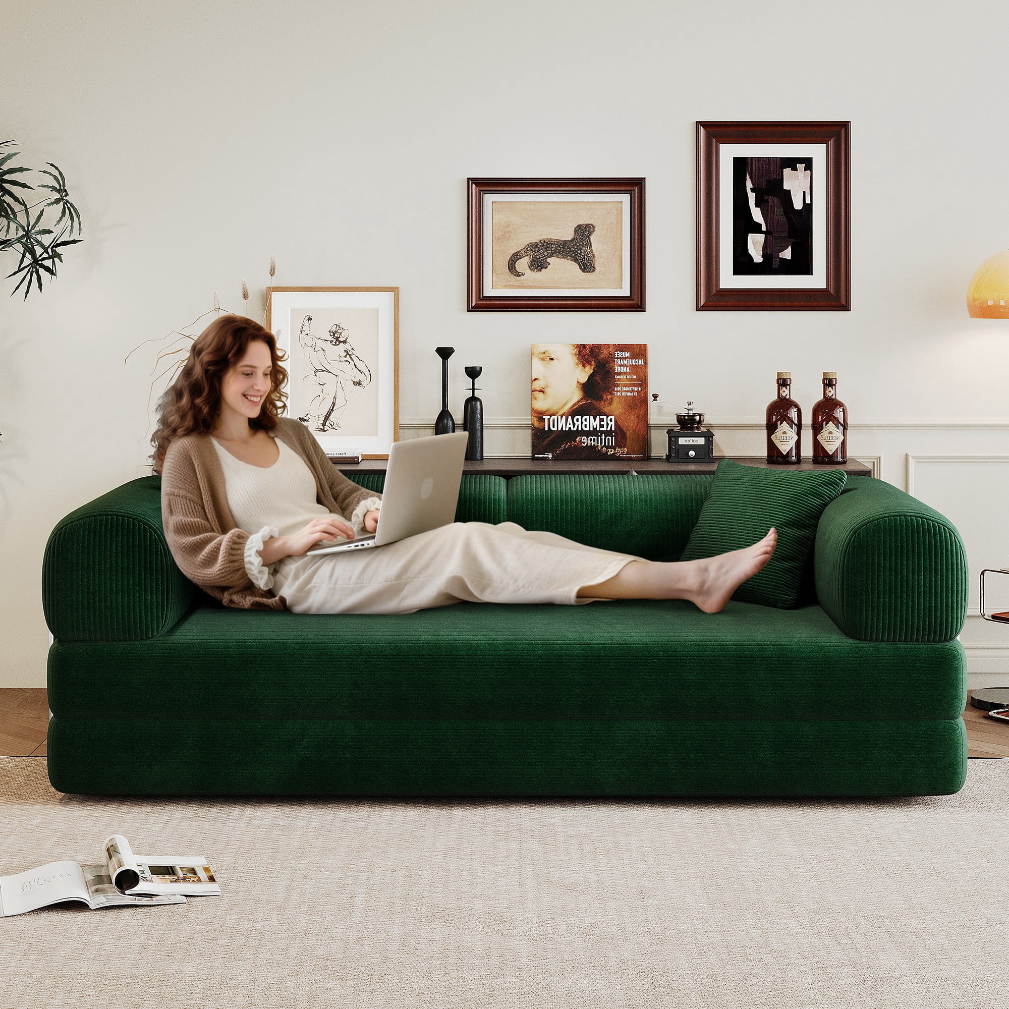 78.8" Compression Sofa Bed, Convertible Floor Futon Couch with Pillow & Armrests, Modular Corduroy Sofa, Green