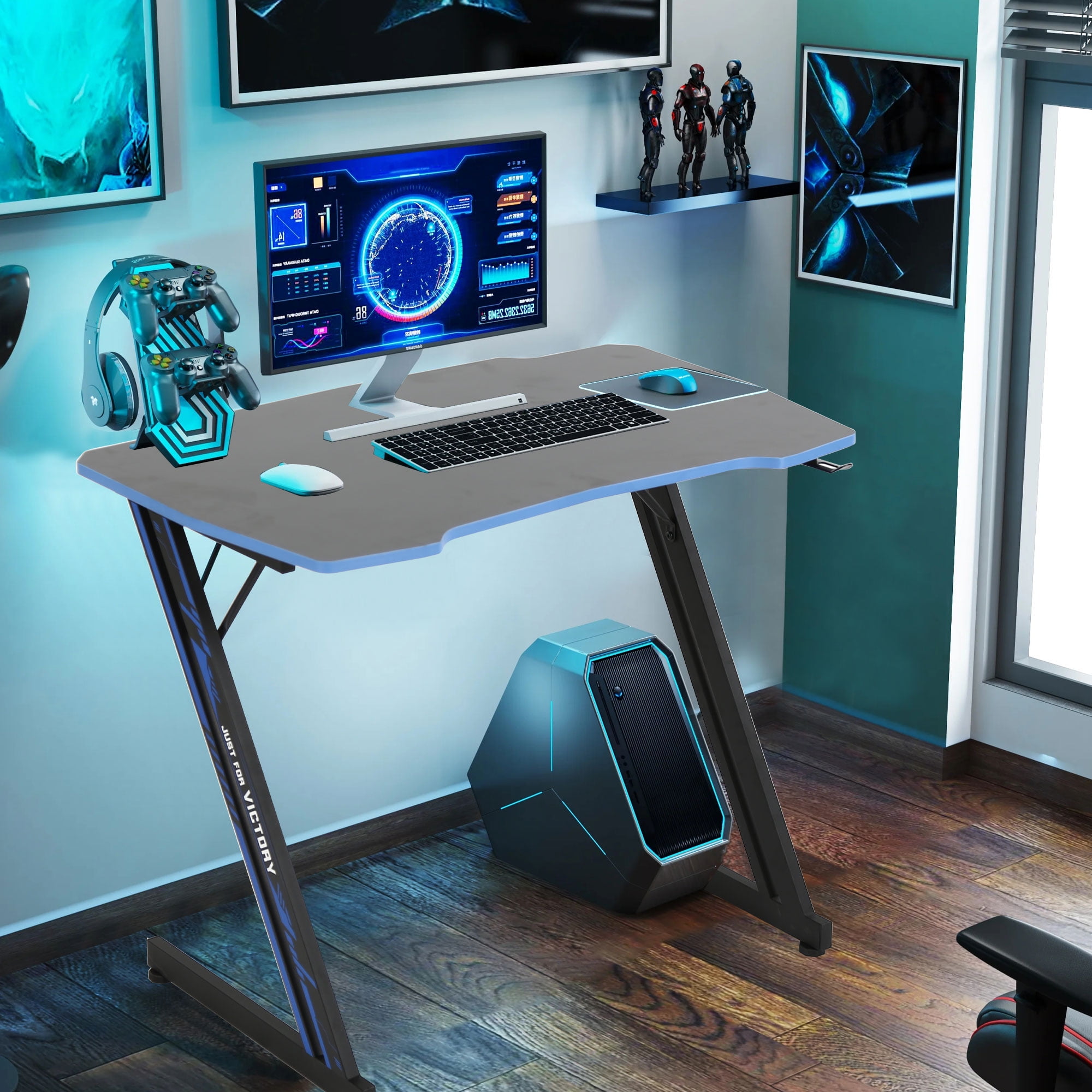 YRLLENSDAN Gaming Desk Z Shaped 39in Computer Gaming Workstation Ergonomic Gaming Table with Headphone Hook for Game Players, Blue