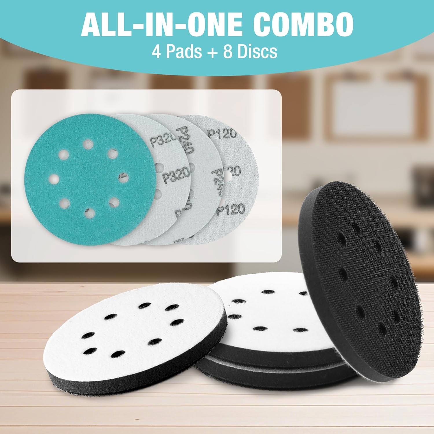 5 Inch Orbital Sander Interface Pads and Sanding Discs, 4 Foam Buffer Pads & 8 Grit (80/120/240/320), 8 Hole Hook and Loop Soft Cushion Sponge Backing for Sander