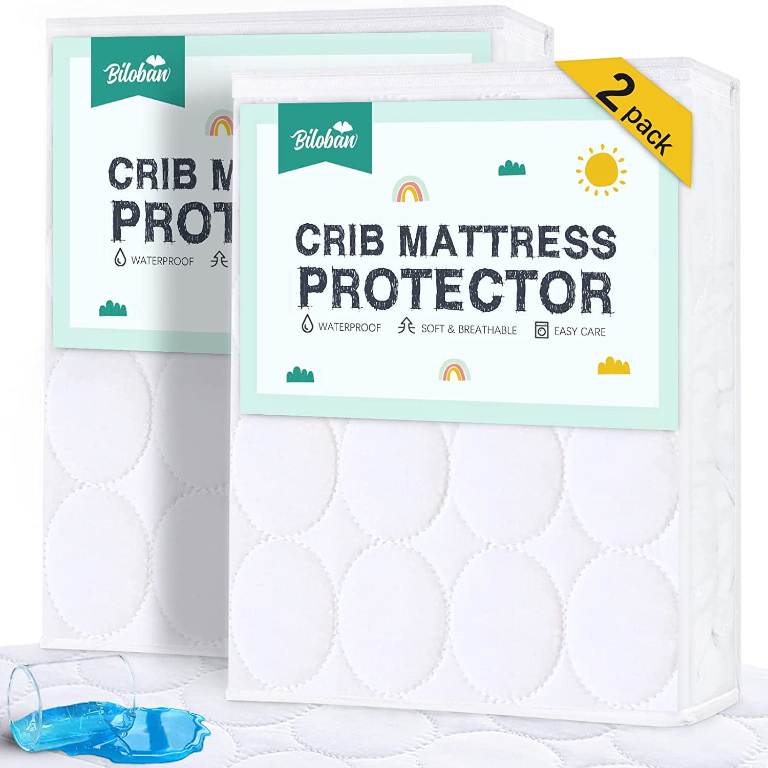Biloban Waterproof Crib Mattress Protector 2 Pack, Fitted Crib Mattress