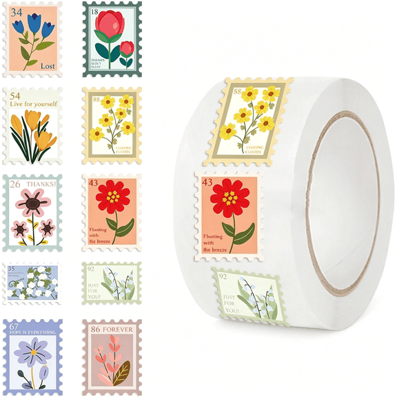 CCOCC 500Pcs Vintage Flower Stamp Stickers Roll,1.1" 10 Designs Floral Postage Stickers,Self-Adhesive Botanical Labels for Scrapbooking,Journaling,Laptop,Water Bottle,Cup,Envelopes,Diy Crafts