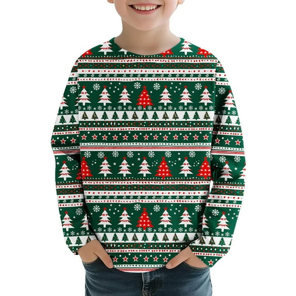 IVEYRTF Kids Christmas Print Long Sleeve Round Neck Blouses Shirts Casual Fall Winter Fleece Lined Tops Loose Hoodless Pullover for Children 3-14 Years(Multicolor,13 Years)
