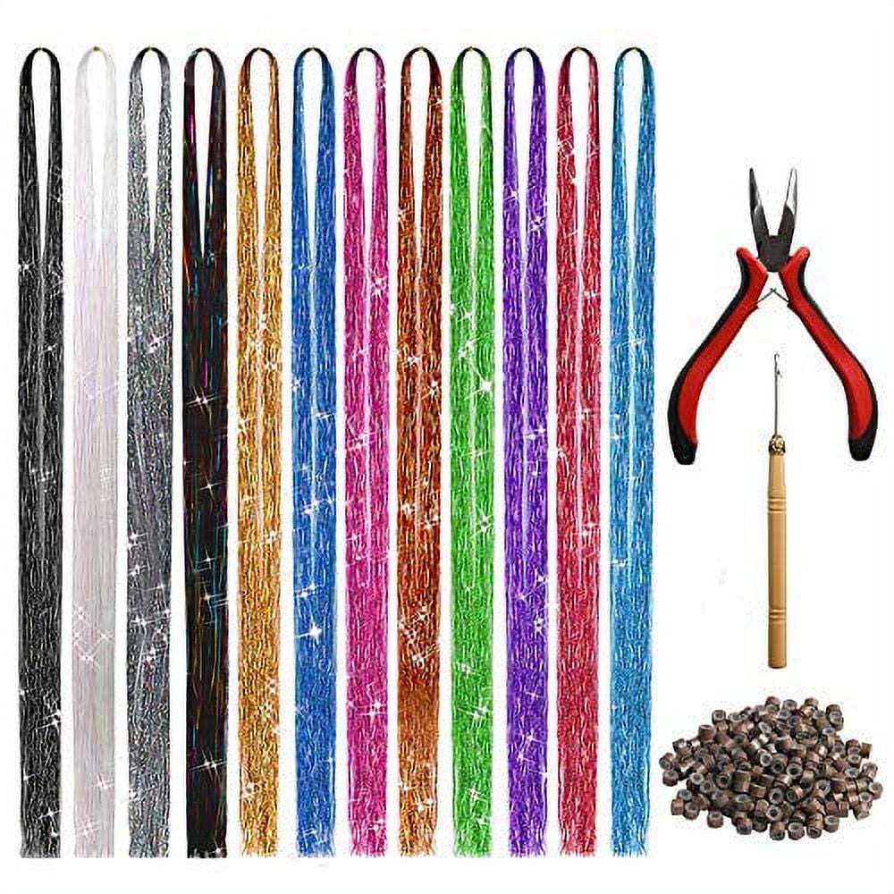 Hair Tinsel Kit with Tools and Instruction Easy to Use 1000 Strands 47 Inches Glitter Tinsel Hair Extensions for Women and Girls, Sparkling Shinny