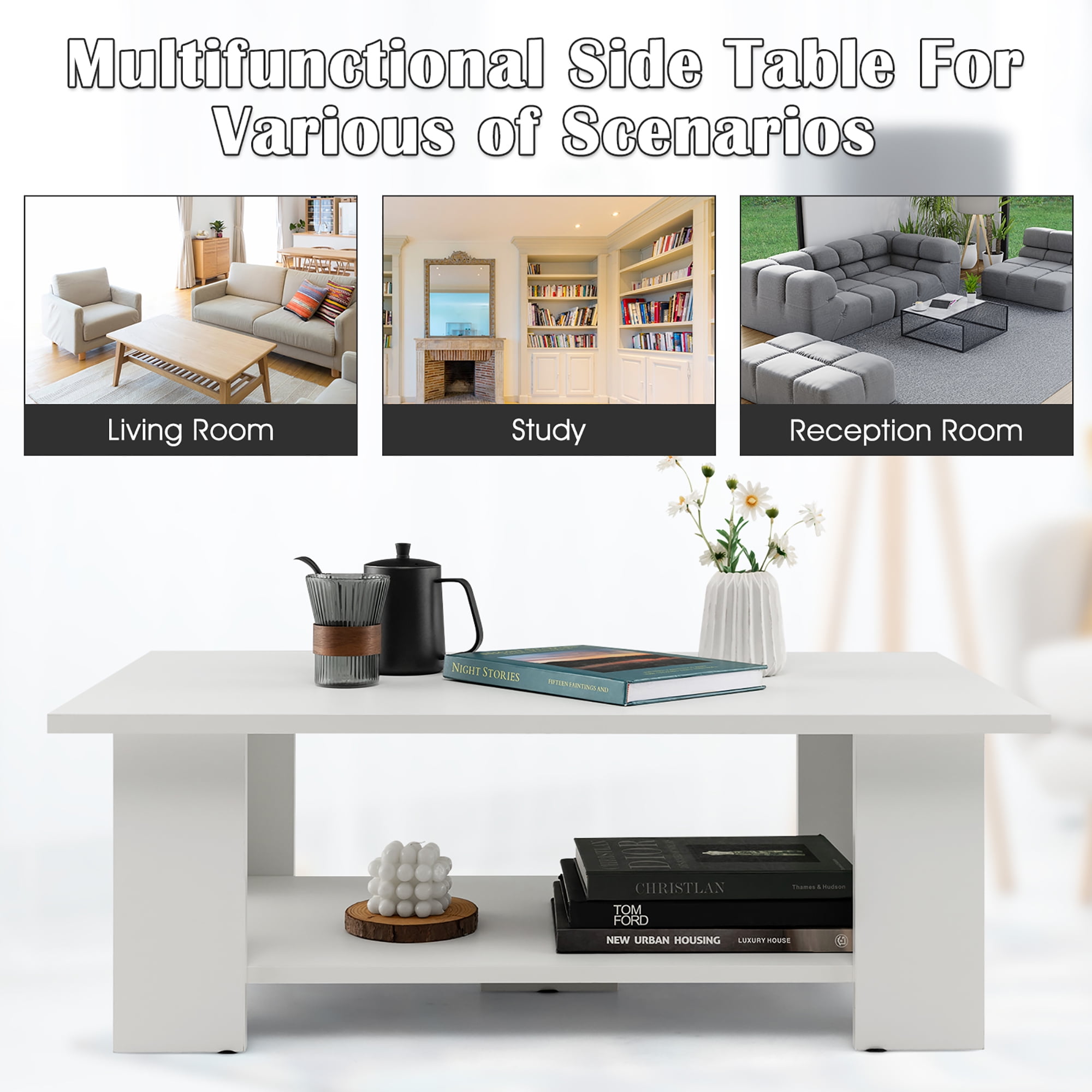 Costway Coffee Table 2-Tier Modern Center Cocktail Table W/Storage Shelf for Living Room White