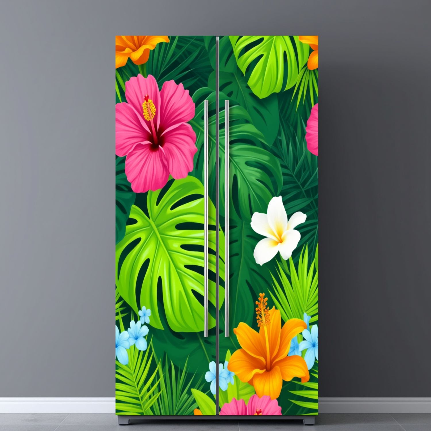 Self Adhesive Vinyl Refrigerator Wrap Set Vibrant Tropical Floral Hibiscus Plumeria Green Leaves Door Mural Removable Fridge Sticker Peel and Stick&nbsp;Full Door Cover Decal Kitchen Bar Decor