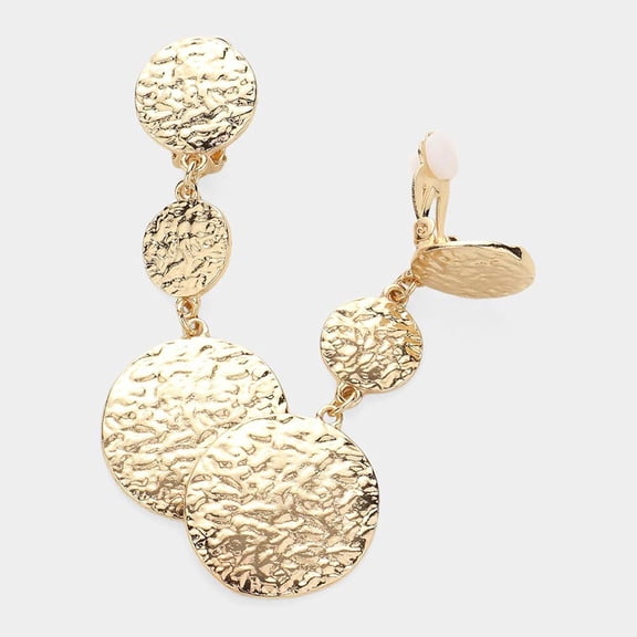 Clip on 2 3/4" textured gold lightweight graduated dangle circle earrings