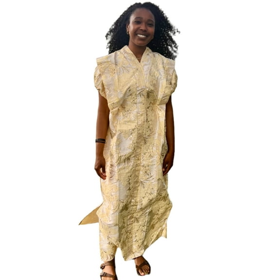 Luxury Gold African European Damask Brocade Bubu Maxi Dress