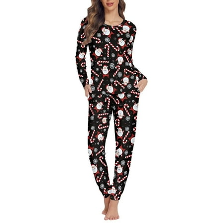 

Renewold Soft Pajamas Set of 2 Pack Snowflake Candy Canes Shirt & Pants Christmas Theme Women Crewneck Nightwear Home Loungewear Pjs for Ladies Size M