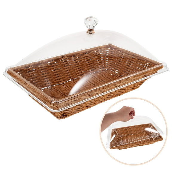Woven Bread Basket with Clear Acrylic Lid for Kitchen Use Brown Lightweight and 1 Set