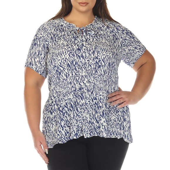 White Mark Short Sleeve Printed Tie-Neck Blouse, Women's Plus, 1X-3X
