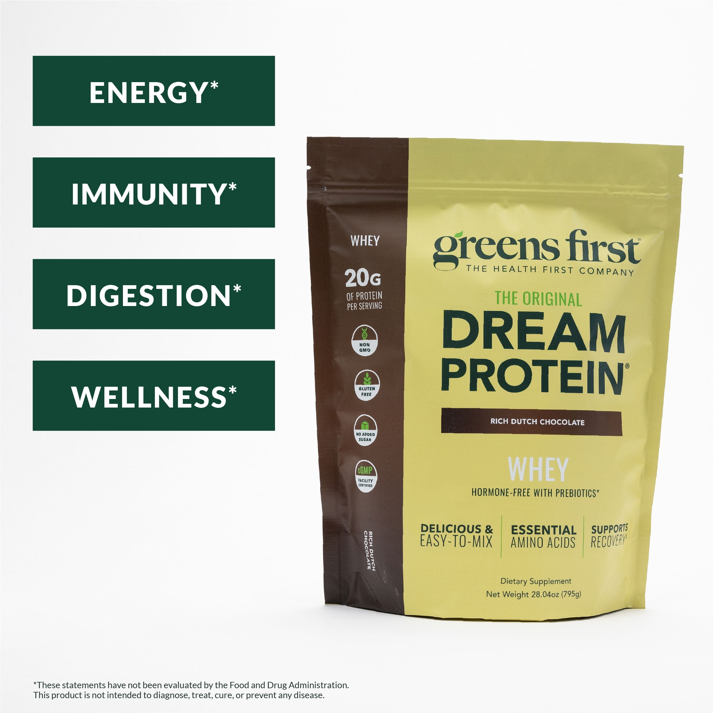 Greens First Dream Protein Powder Whey - 20g Protein Per Serving - Hormone-Free with Prebiotics - Non-GMO - No Artificial Sweeteners/MSG/Aspartame (Rich Dutch Chocolate, 28.04 oz)