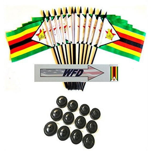 Pack of 12 4"x6" Zimbabwe Polyester Miniature Office Desk & Little Table Flags, 1 Dozen 4"x 6" Zimbabwe Small Mini Handheld Waving Stick Flags with 12 Flag Bases (Flags with Stands)