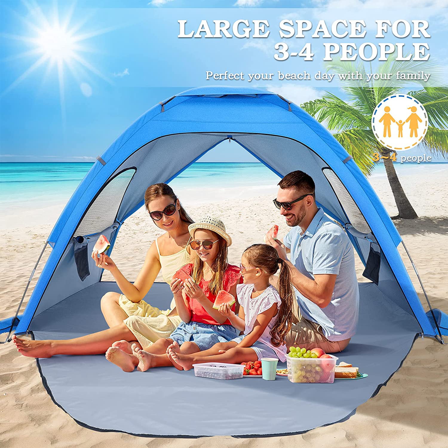 MOVTOTOP Beach Tent Sun Shade Shelter Outdoor 3-4 Person Large Double-Door Sunshade Canopy UPF 50 Sport Umbrella Instant Tent for Camping Beach Accessories 