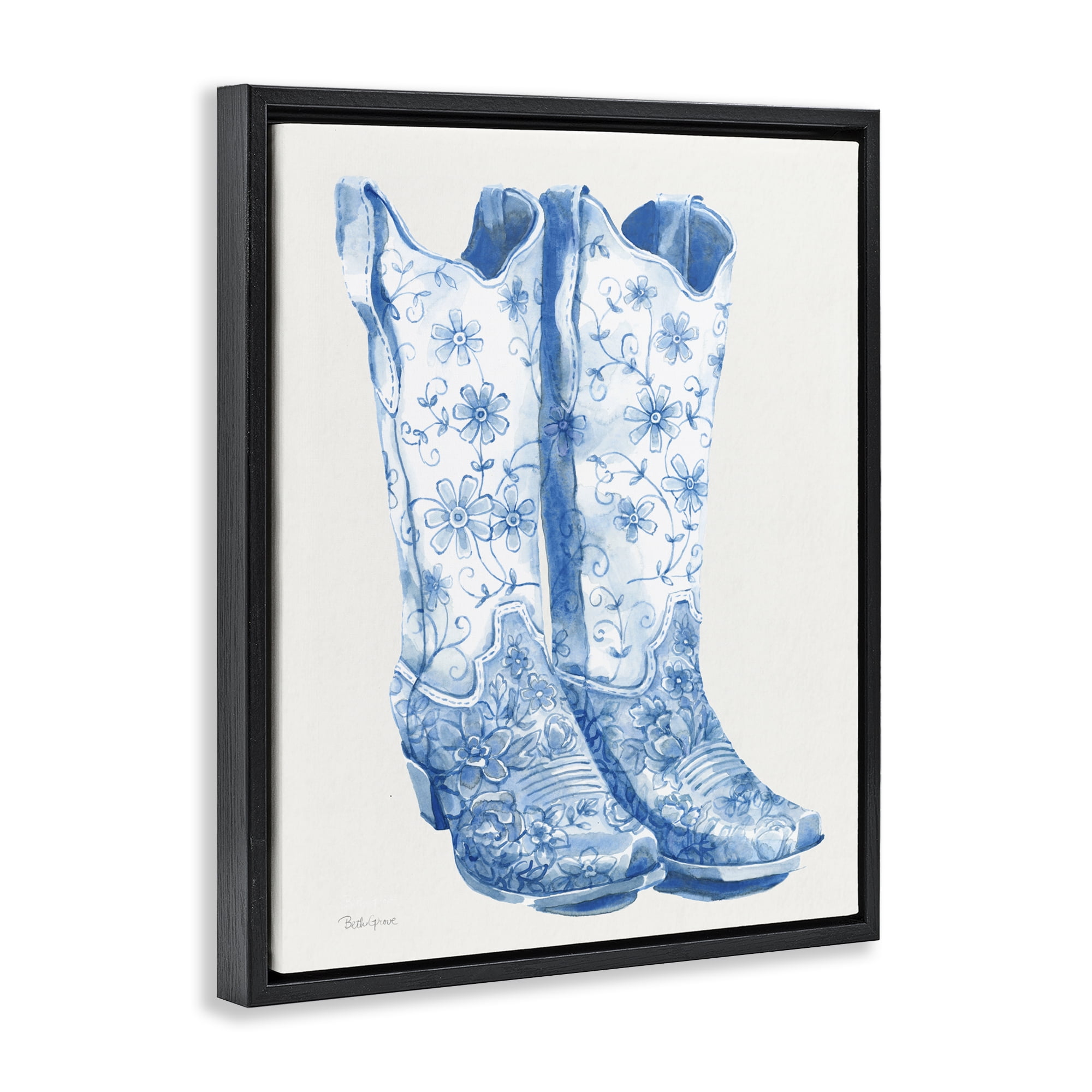 Stupell Industries Blue Boots with Floral Embroidery Black Framed Floater Canvas Wall Art, design by Beth Grove