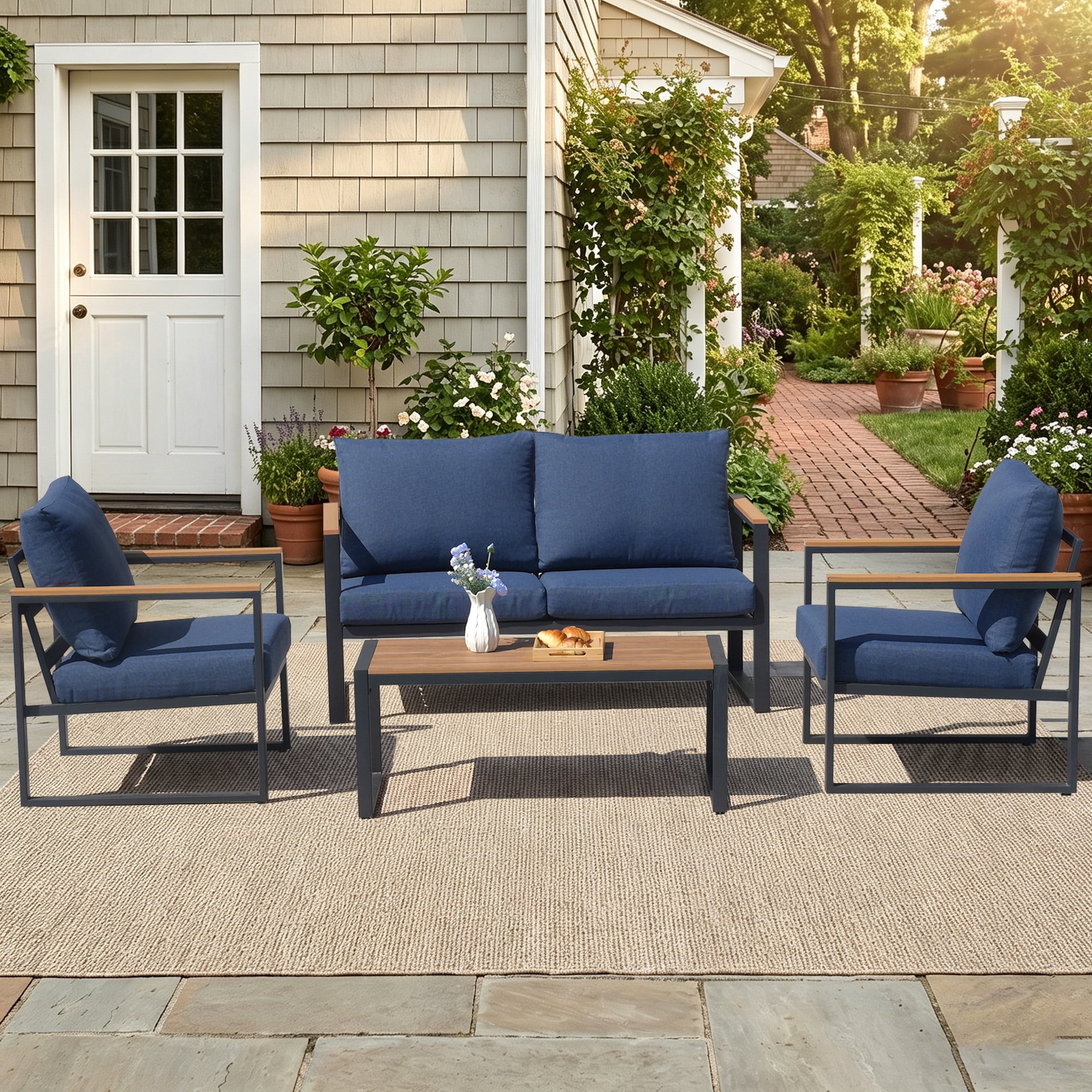 COMLAX FIELD 4-Piece Patio Furniture Set, Metal Outdoor Conversation Set with Coffee Table & Removable Cushions