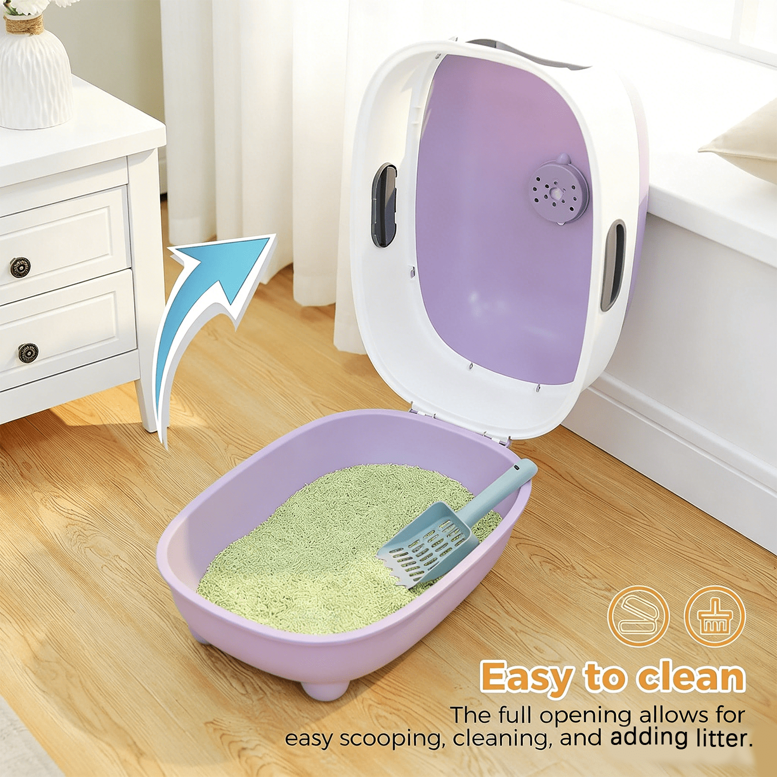 Fully enclosed purple cat litter box, comes with a cat litter scoop, smooth material, suitable for medium and small-sized cats