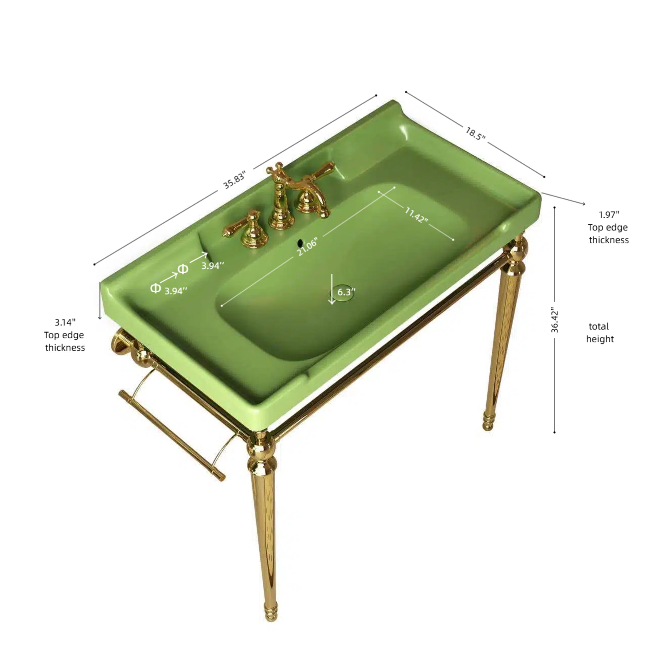 Noble House VICI 36" Bathroom Console Sink, Wall-Mounted Ceramic Basin Vanity with Stainless Steel Legs, Green & Gold