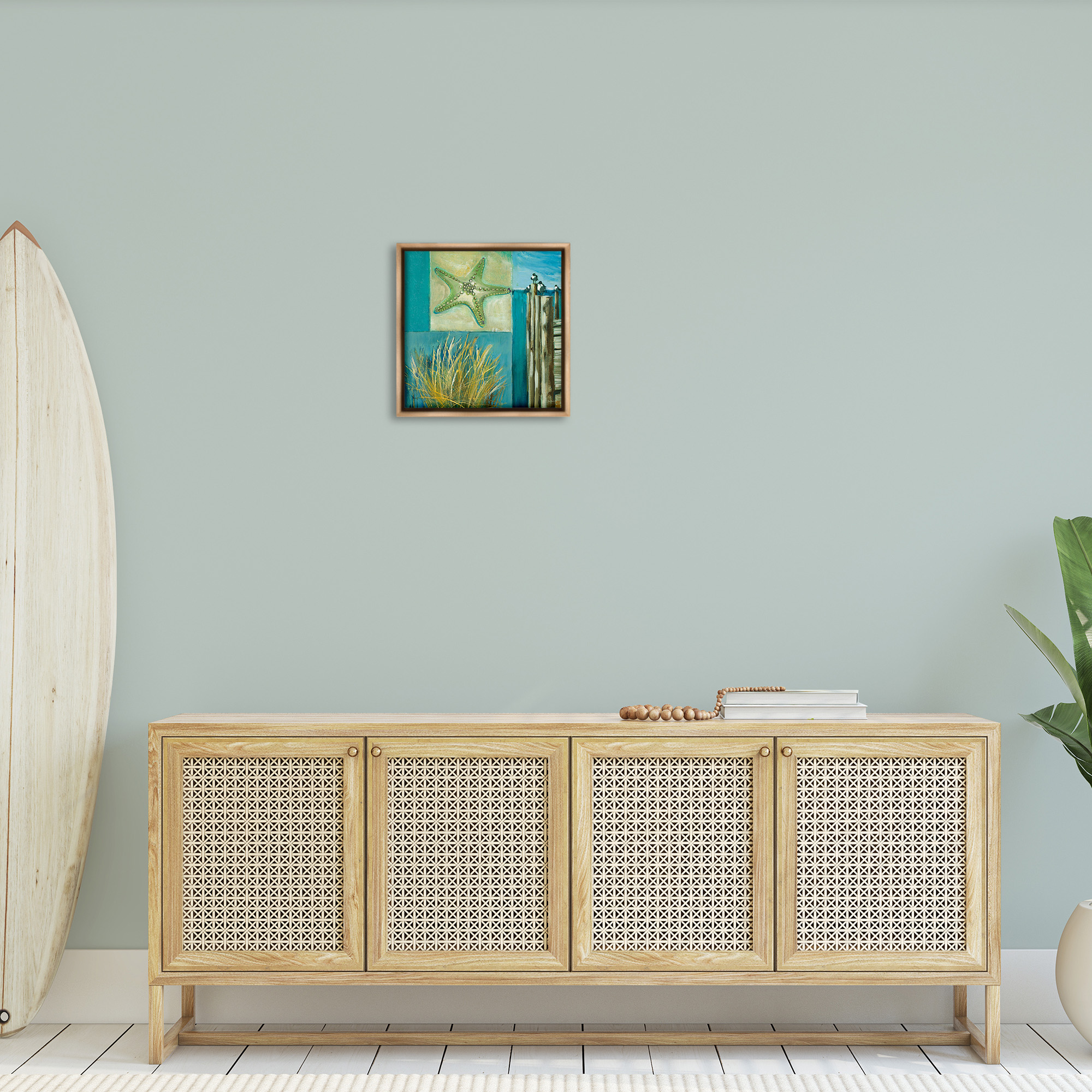 Stupell Industries Modern Beach Dock Collage Landscape Painting Brown Floater Framed Canvas Art Print Wall Art, 18 x 18