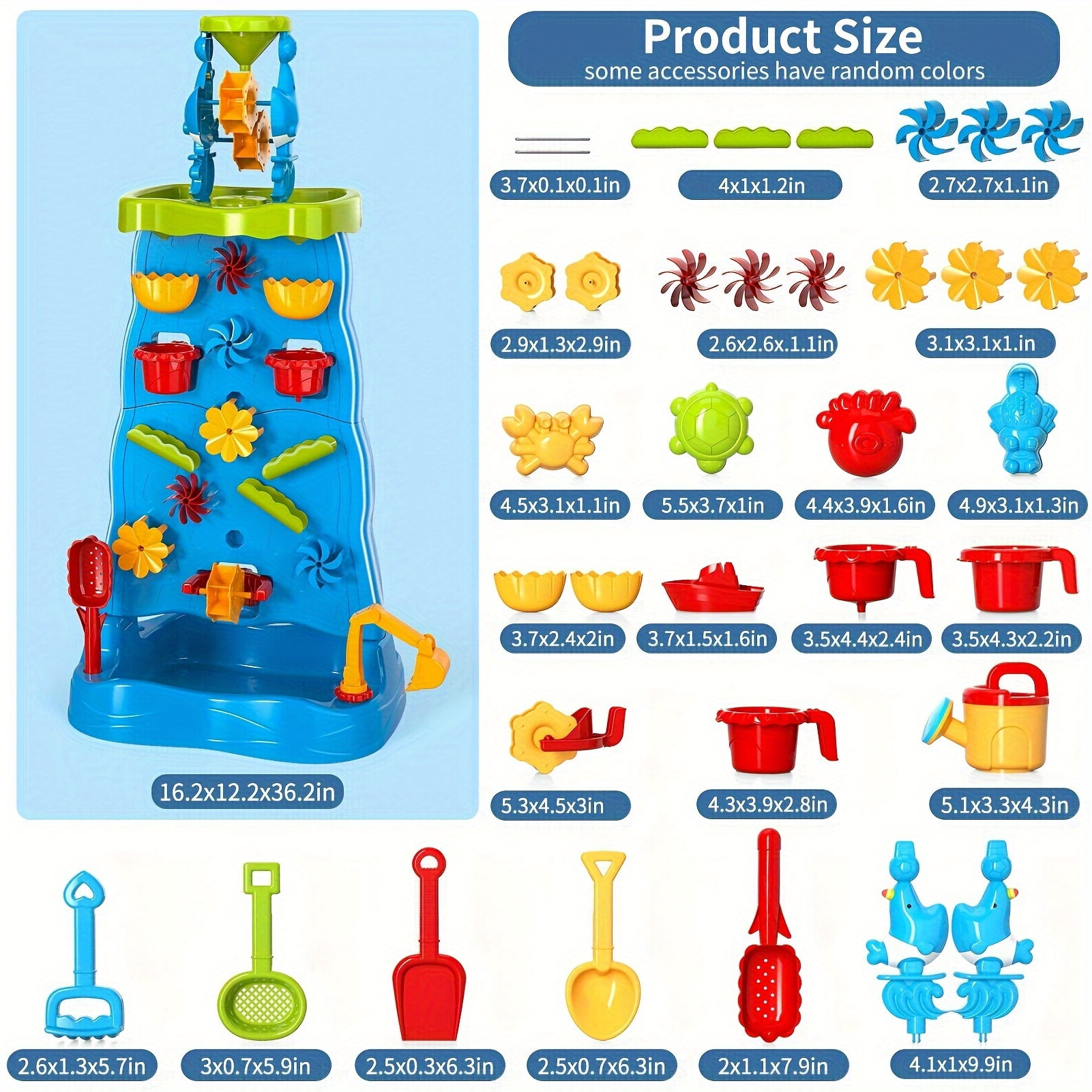 Kids Waterfall Water Table Play Set -Blue- Double-Sided Waterfall Discovery Wall, With Shovels, Buckets, Sea Creatures for Outdoor Backyard Beach Sensory Play, Gift for Boys Girls Age 3+