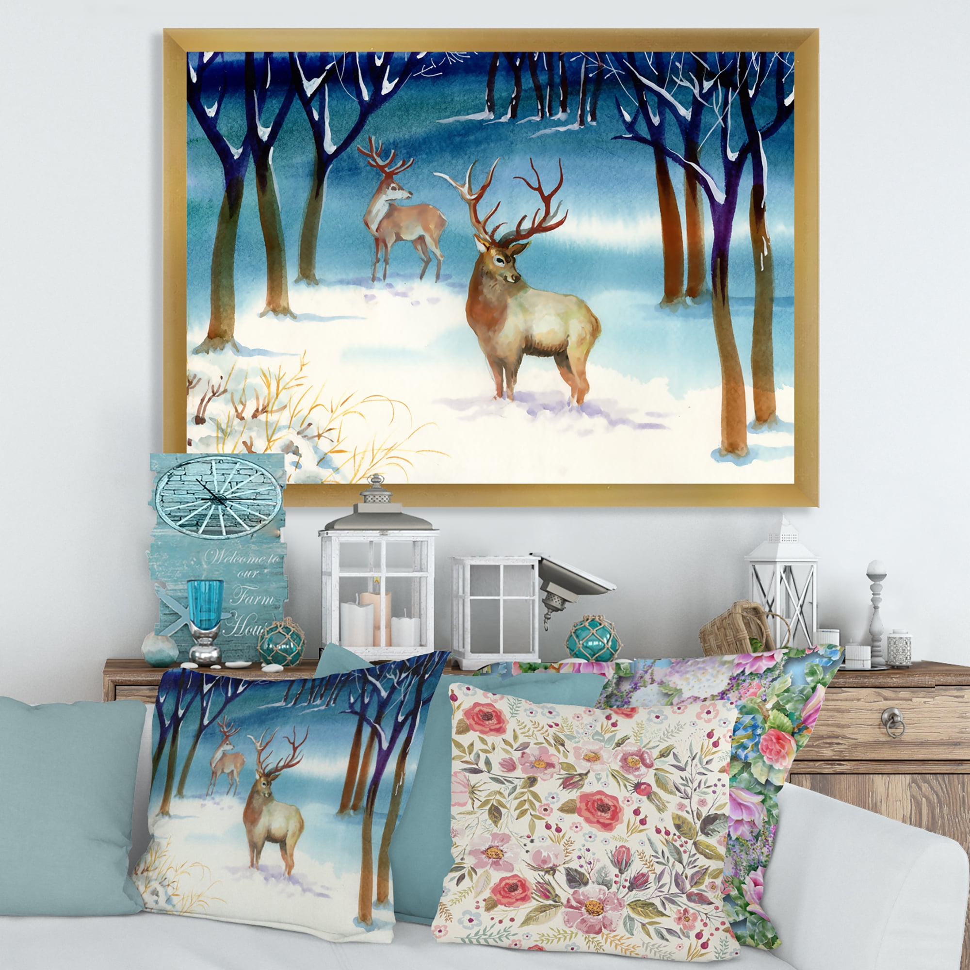 Designart 'Deers With Winter Landscape' Traditional Framed Art Print