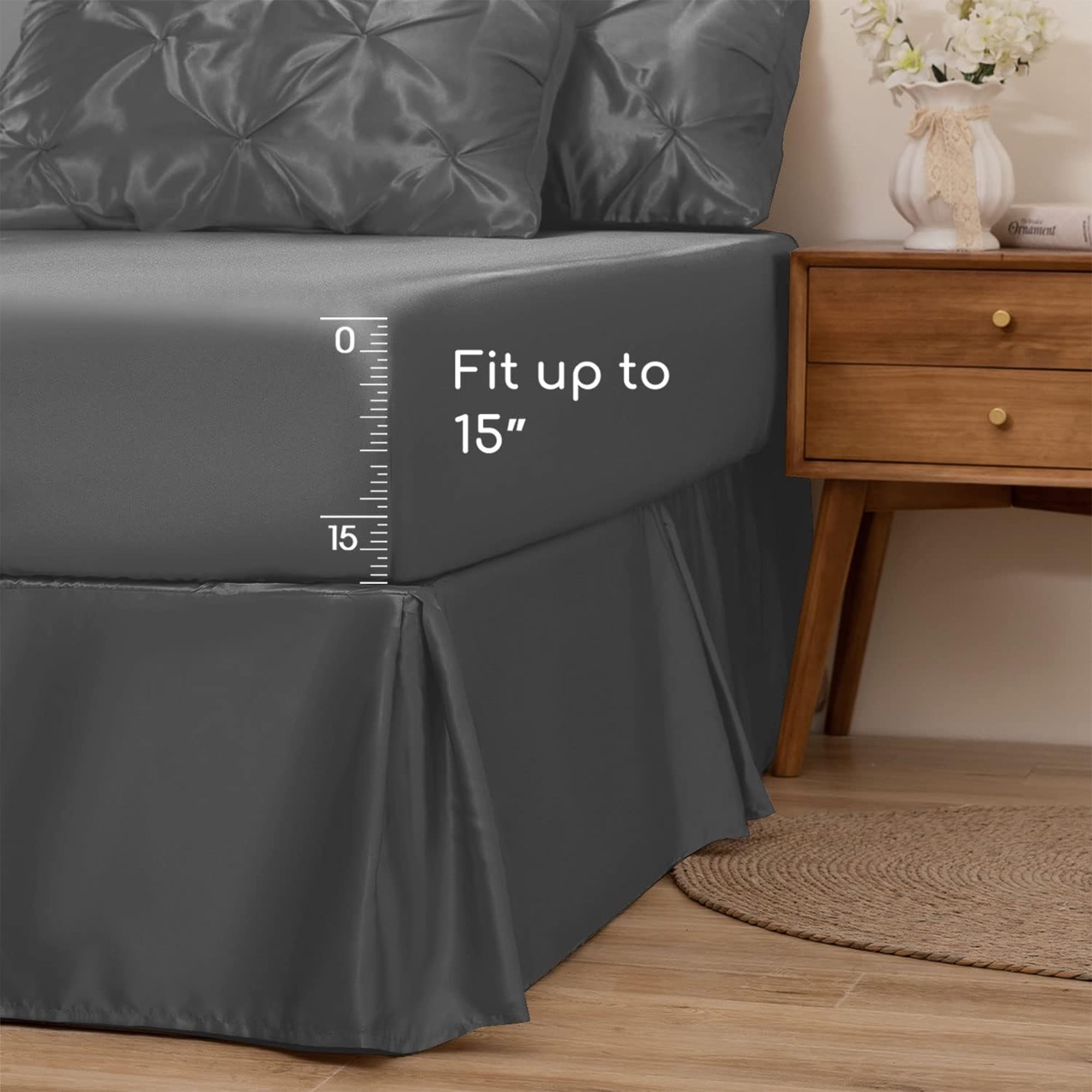 MR&HM Satin Comforter Set 7 Pieces Queen Size - Luxurious Pinch Pleat Bed in a Bag with Satin Comforter, Satin Sheets, Satin Pillowcases & Shams, Silky Soft Bedding Set for All Seasons (Dark Grey)