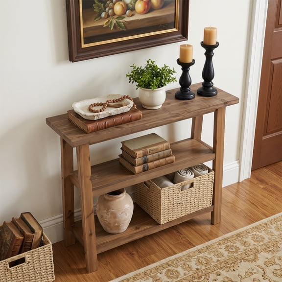Finmind 41.3-inch Solid Wood Console Table, Farmhouse Entryway Table with Storage Basket, Narrow Sofa Console for Living Room, Hallway, Rustic Brown