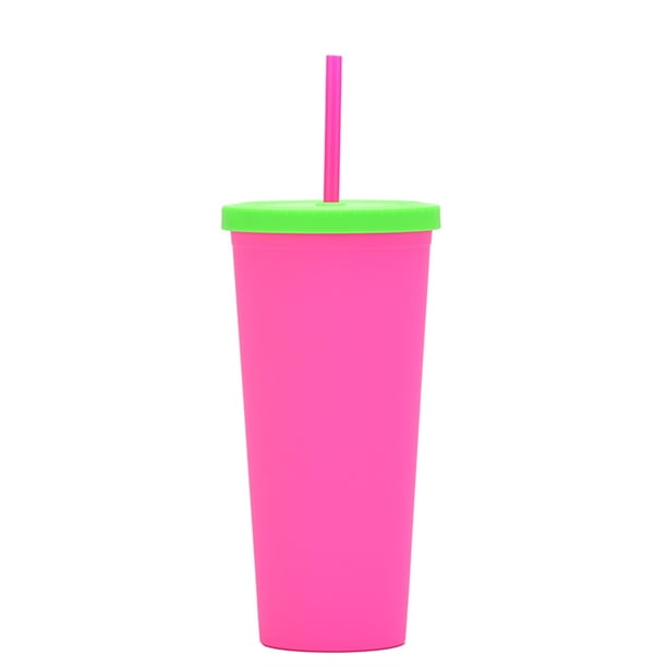 Inteprter Vaso de paja de plástico de doble capa de Color caramelo, botella de agua para café, té, leche, tazas esmeriladas, tetera, vaso de Cocina y Comedor Rosa fluorescente roja