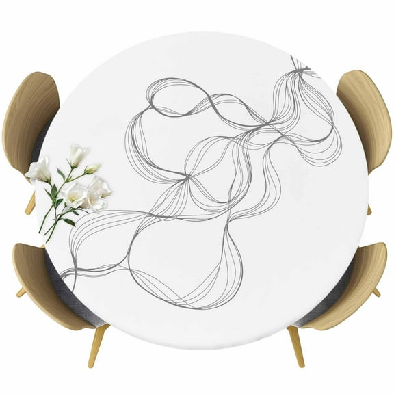 Modern White Round Tablecloth 55-60 Inch Round Fitted Table Cloth with Elastic Edge, Minimalist Abstract Ribbon A Sketch Rt Waterproof Table Cover Protector for Outdoor Picnic Party Dining