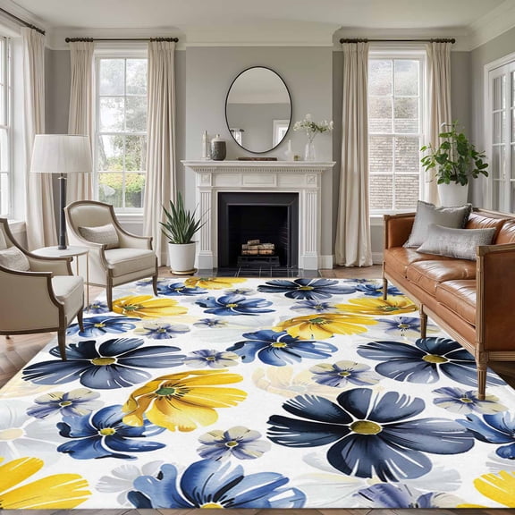 Blue Yellow Flower Large Area Rug 8x10 FT, Non Slip Living Room Throw Carpet, Retro Country French Daisy Floral Washable Soft Indoor Outdoor Carpet Non-Shedding Rug for Bedroom Dining Room
