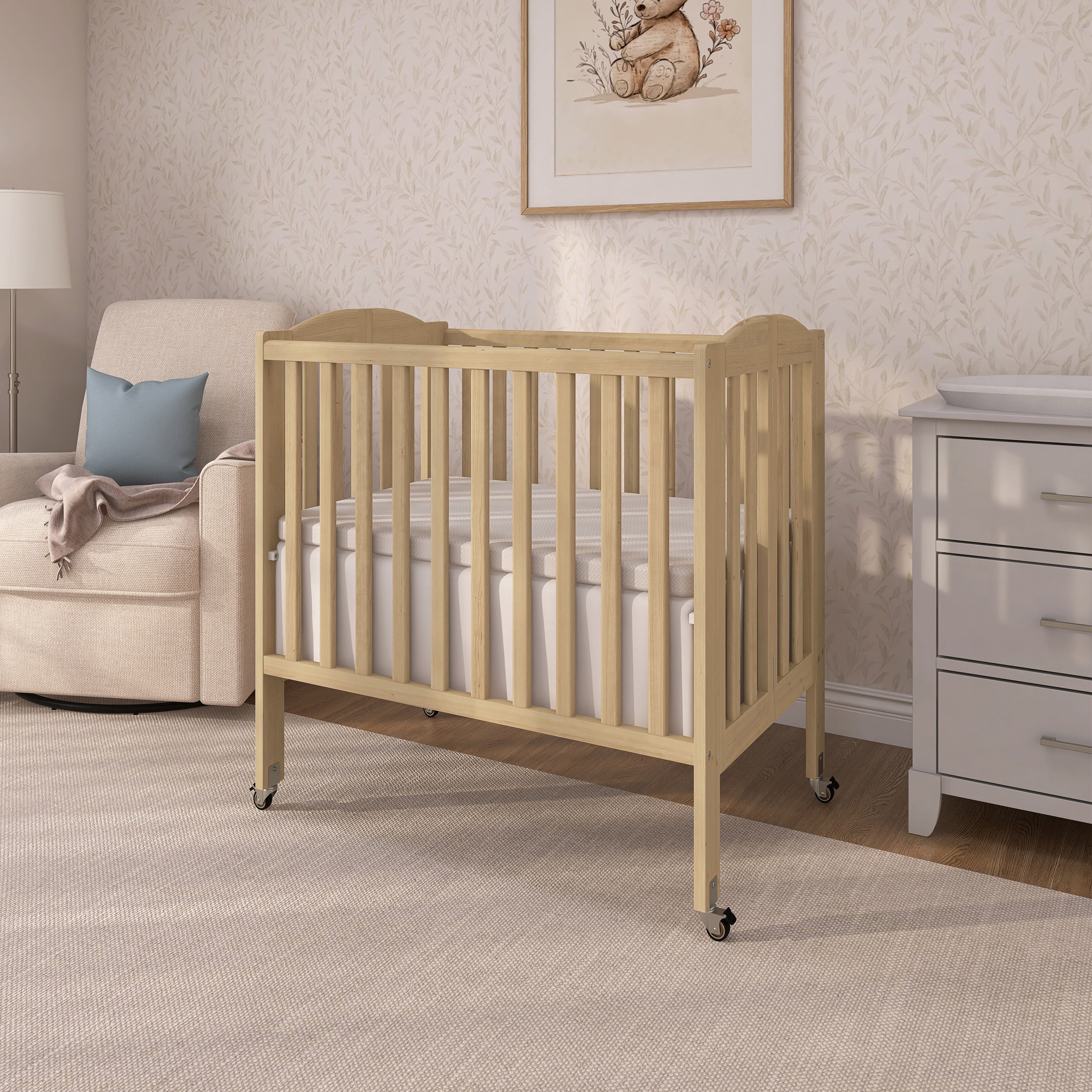Dream On Me 2‑in‑1 Folding Portable Mini Crib – Natural