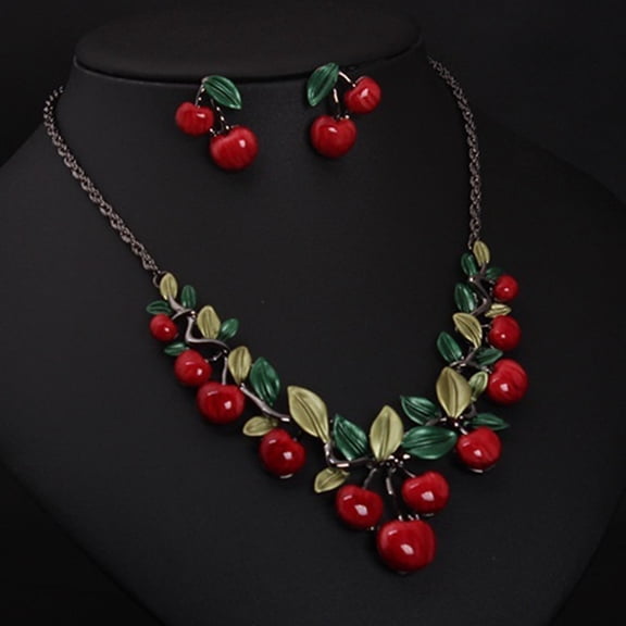OPLSKI 1 Set Vintage Red Cherry Fruit Jewelry Set Chic Bridal Necklace Earrings A