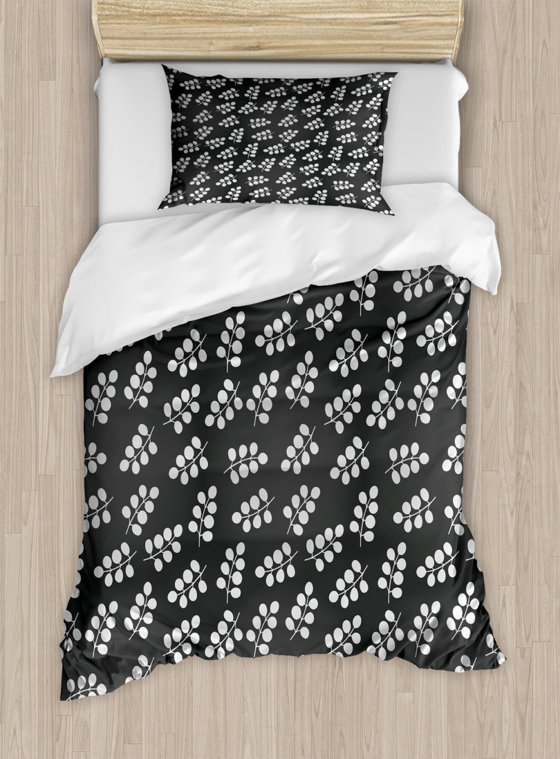 Grey and White Twin Size Duvet Cover Set, Abstract Leaves of Deciduous Trees Modern Monochrome