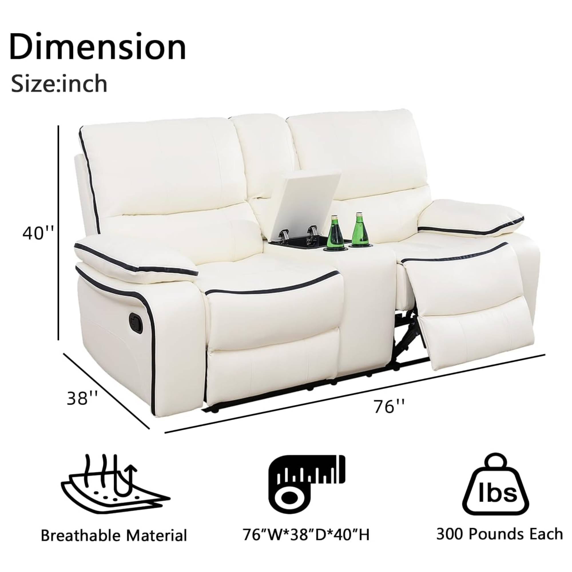 Manual Leather Recliner Chair Reclining Sofa Chair with Storage Console & Cup Holder for Living Room, White