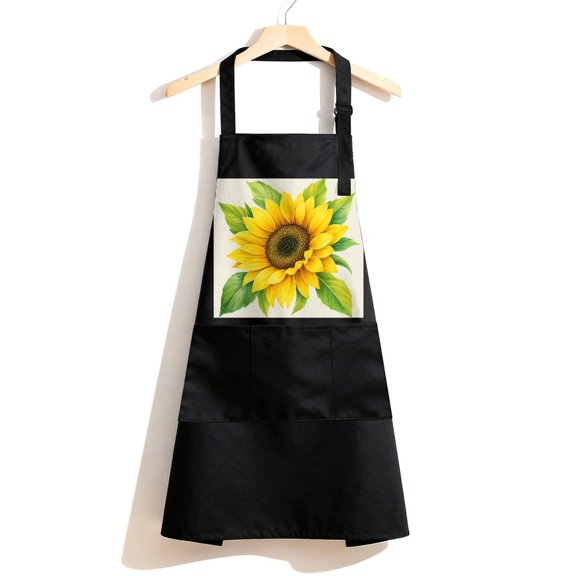 RKSupls Waterproof Bib Apron with 3 Pockets, Vibrant Sunflower Watercolor Adjustable Neck Strap Soft Polyester Water Resistant Apron for Kitchen Restaurant Home Use
