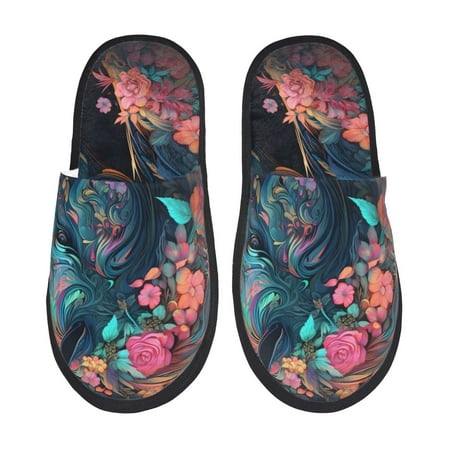 Balery Colorful Floral Patterned Horse Slient Indoor Furry Fleece Comfort House Shoes Soft Non-Slip Home Shoes Cotton slippers House Slippers-- Medium