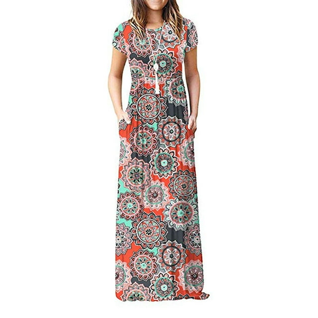 Robes Longues Décontractées pour Femmes à Manches Courtes, Coupe Ample, Unies, avec Poches