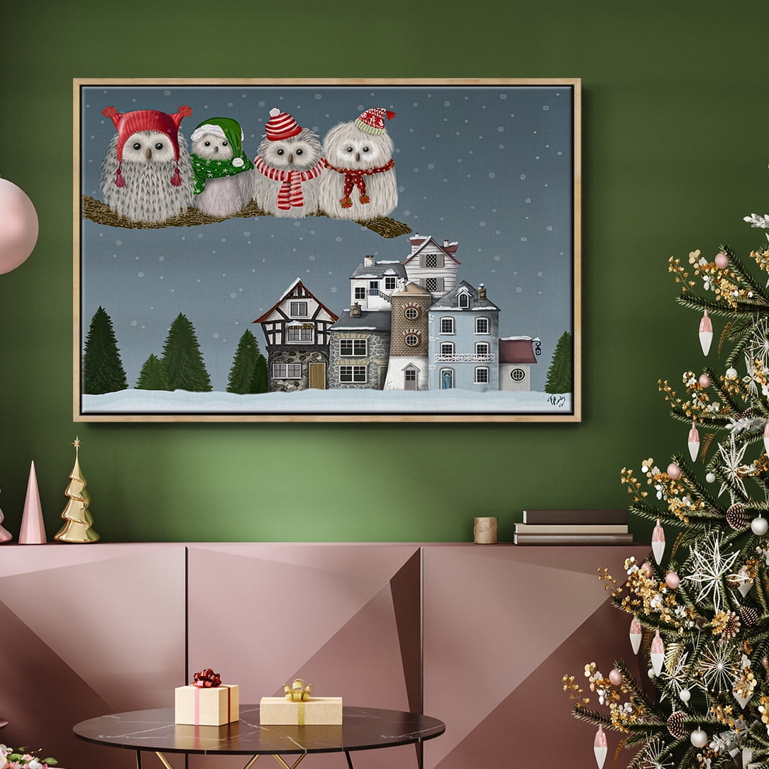 Christmas Christmas Owl Village - Framed Gallery Wrapped Holiday Canvas - 27 x 41 - Natural Wood Frame
