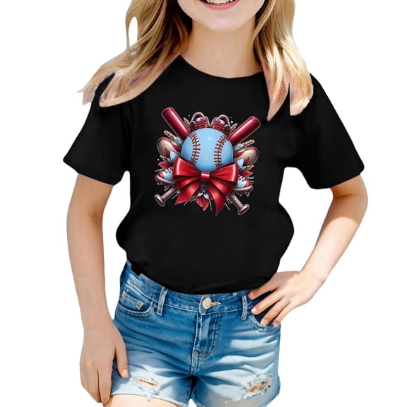 NAFUU Girls T Shirts Summer Girl's Baseball Graphic Blouse Short Sleeve O-Neck Casual Top Loose Fit Comfortable Playwear Relaxed Fit Going Out Tops For Girl 3-4 Years